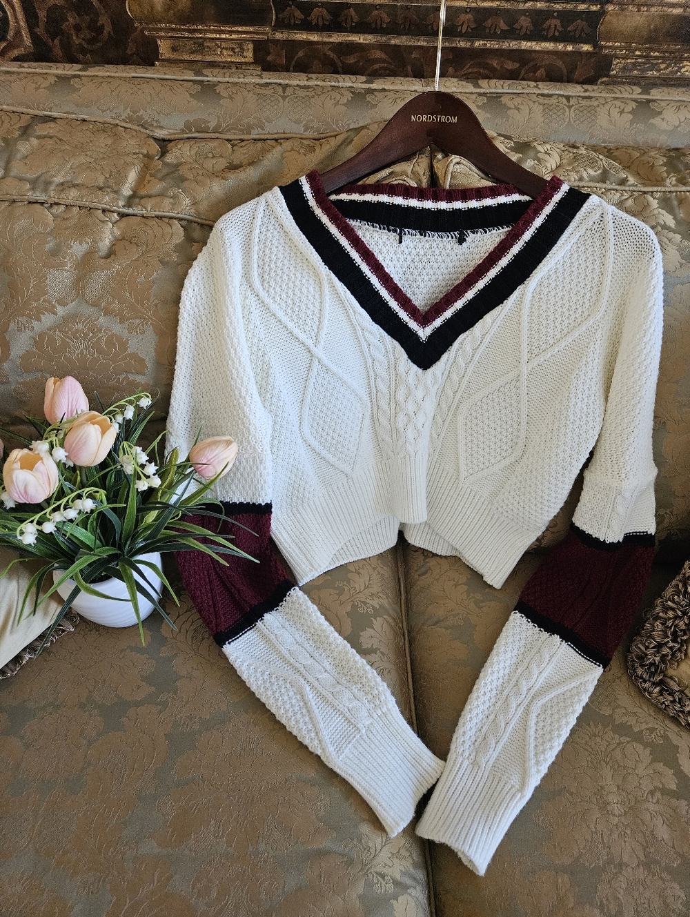 NWOT Missguided Ivory V-Neck Cable Knit Sweater with Burgundy and Black Trim